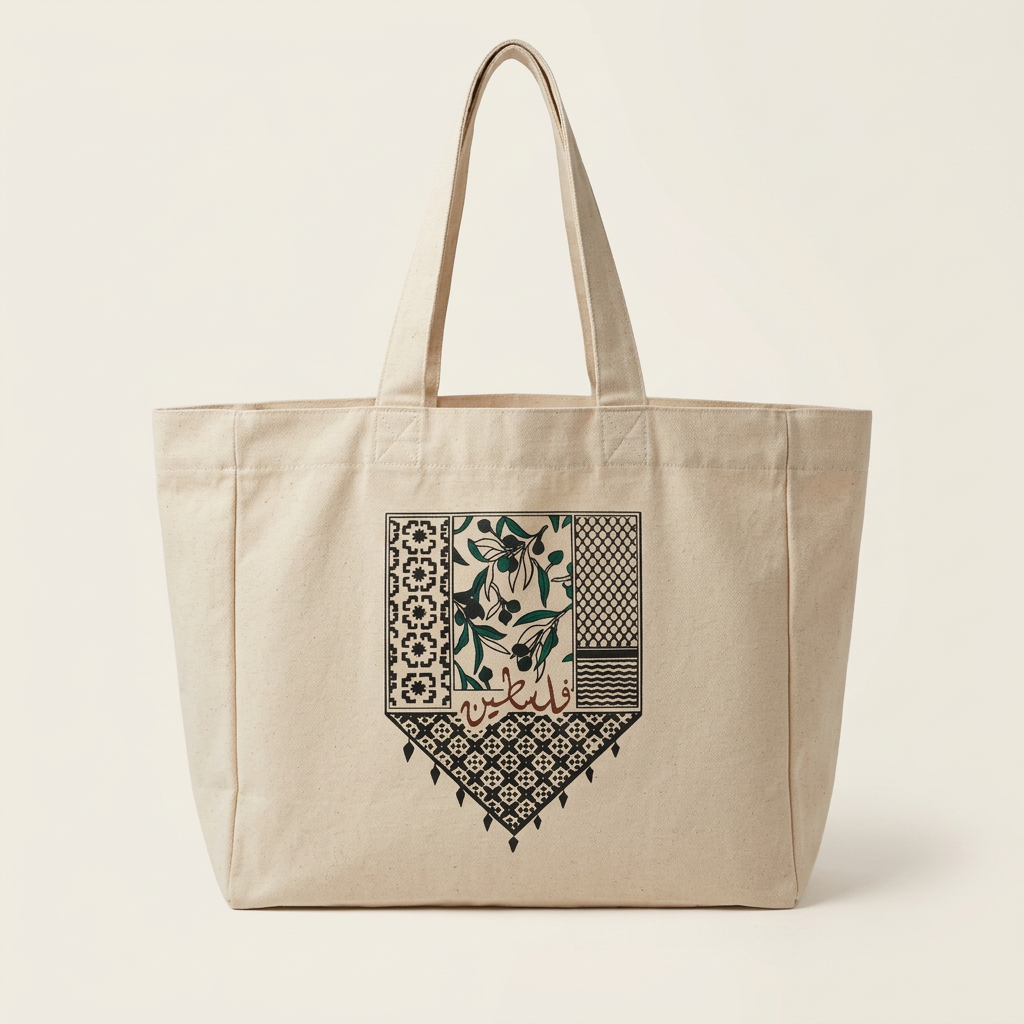 Produktbild der Tasche mit Olivenzweigen und Kufiya-Muster ohne Model