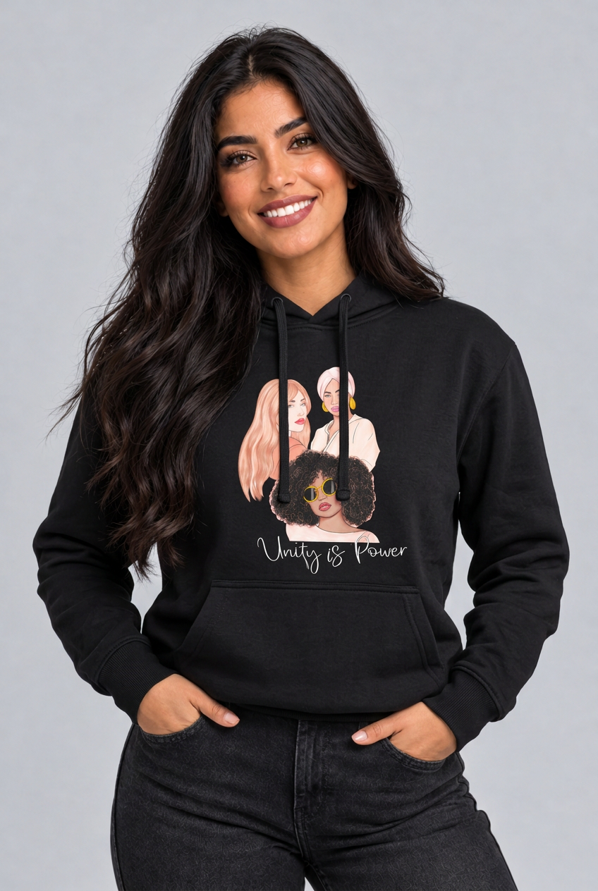 Schwarzer Unity-is-Power-Hoodie am Model