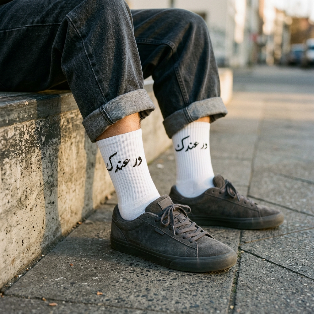 Streetstyle-Aufnahme der Socken mit Baggy-Jeans und Skate-Sneakern