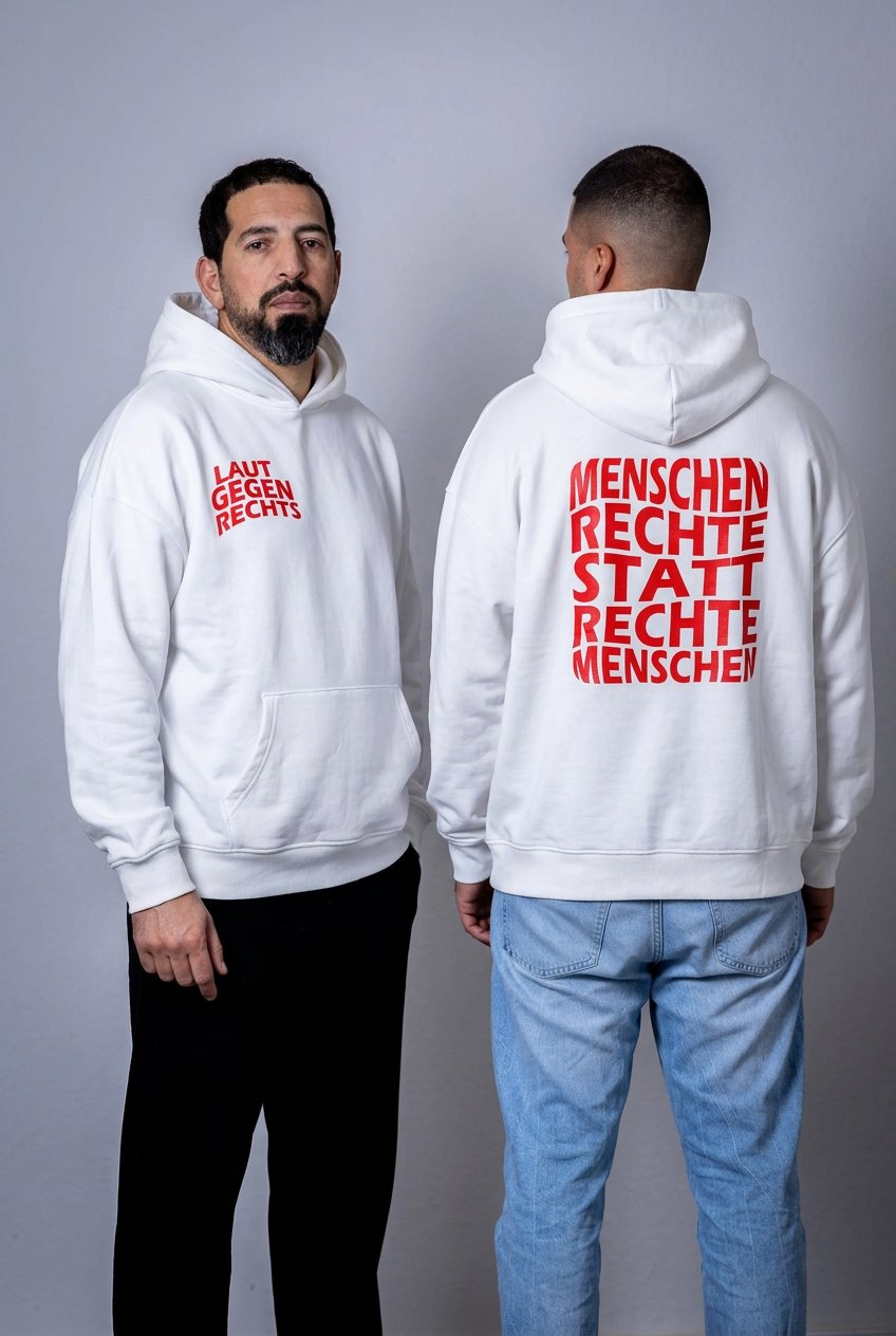 Weiße Hoodies mit roten Motiven und neuer Pose